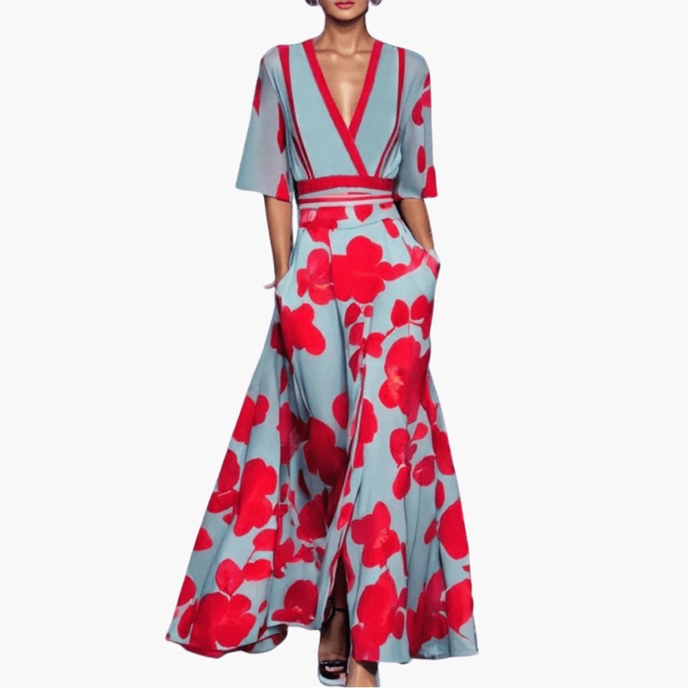 Red and Blue Floral Maxi Dress